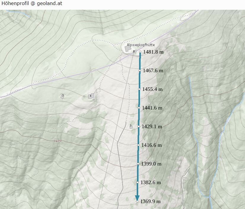 Höhenprofil Schlepplift. Die Materialseilbahn zum Alpwegkopfhaus ist auch eingezeichnet.