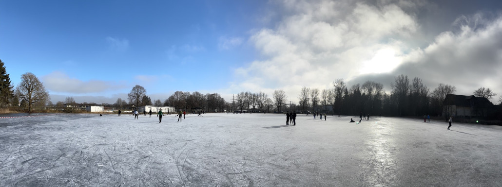 Blick über die gefrorene Wiese.Die wird künstlich eingestaut auf ca 30-40cm. Tiefer ist es nur am Ablauf aber der ist gut gekennzeichnet.