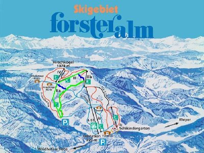 grün: meine bisherige route mit dem BLAUEN stück (die im plan nicht eingezeichnete flachpassage)<br />und dem langweiligen schiweg ... wobei man sich bei dem die fahrt mit dem kesslerbodenlift erspart.