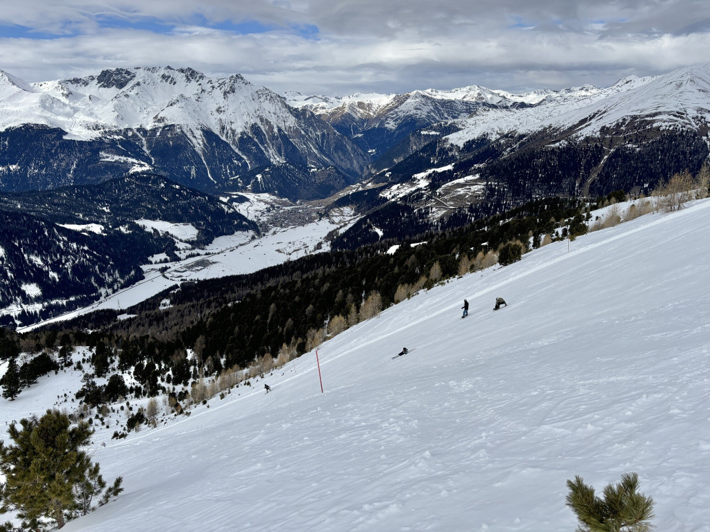 Almabfahrt (6) und Talblick, Südhänge bis weit hinauf schneefrei