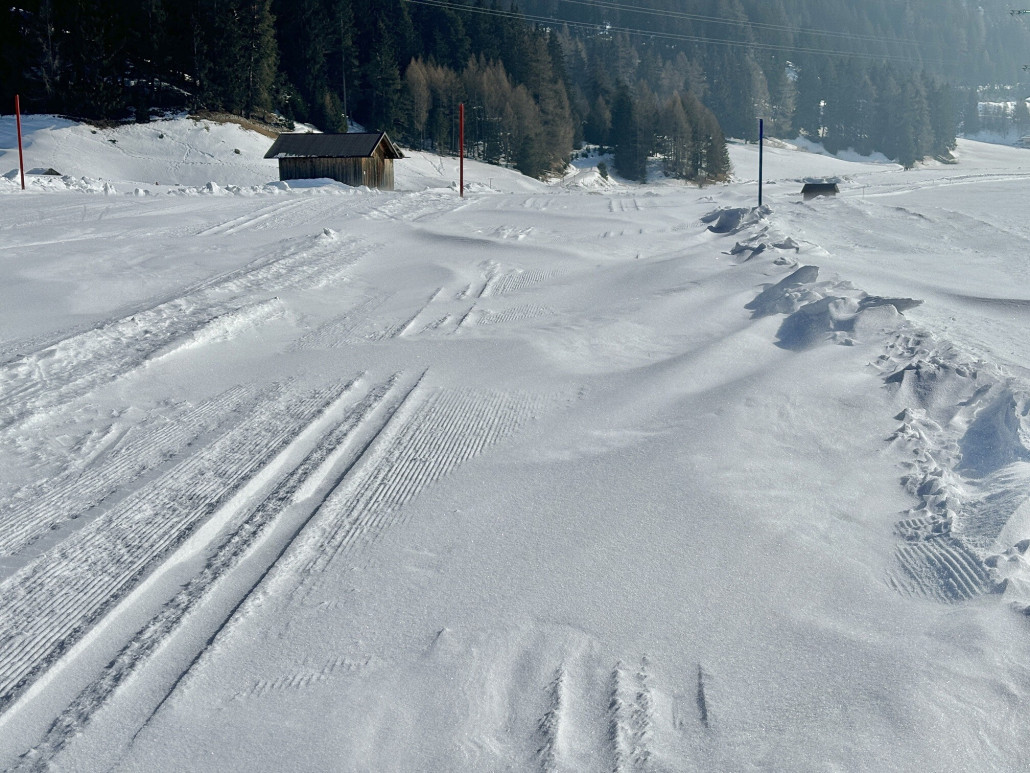 Loipen vom Seilbahncenter zum Reschenpass, am Mittwoch zugeweht aber sonst sehr gut beisammen