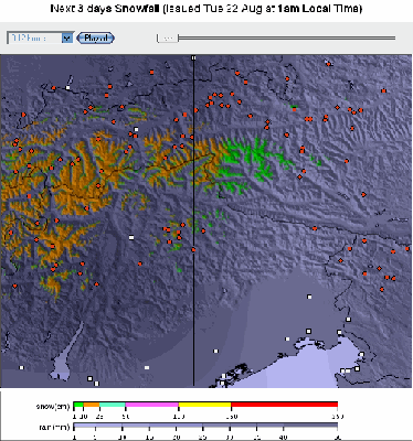 Laut dieser Grafik kann man auf allen Tiroler Gletschern mit einem Neuschneezuwachs von 10-25cm rechnen. Hoffentlich stimmt die Prognose!