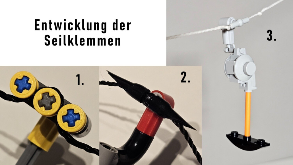 Seilbahngeschichte im Miniaturmaßstab: Links (1.) die altbekannte Klemme, wie sie von vielen Bastlern verwendet wurde und nicht wenige bei Niederhaltestützen zur Verzweiflung trieb. Mittig (2.) meine erste Klemme, die heute noch erfolgreich beim Sessellift von GallusBrick ihre Runden dreht. Rechts (3.) meine neueste Klemme, die durch die stark vereinfachte "Bauweise (ok, es ist EIN Teil...) wie Butter über meine Robas gleitet.