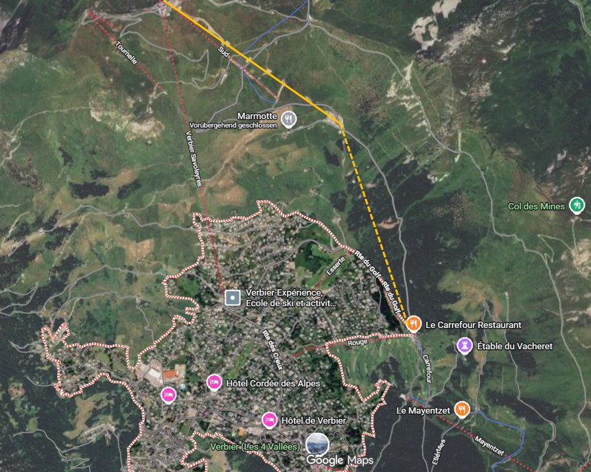 Oragange die neue Bahn die dieses Jahr in Betrieb geht - gestrichelt orange die 2. Sektion die nächstes Jahr in Betrieb geht.