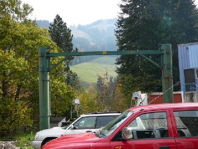 Stütze 1 mit zugewachsenem Trasse im Hintergrund.