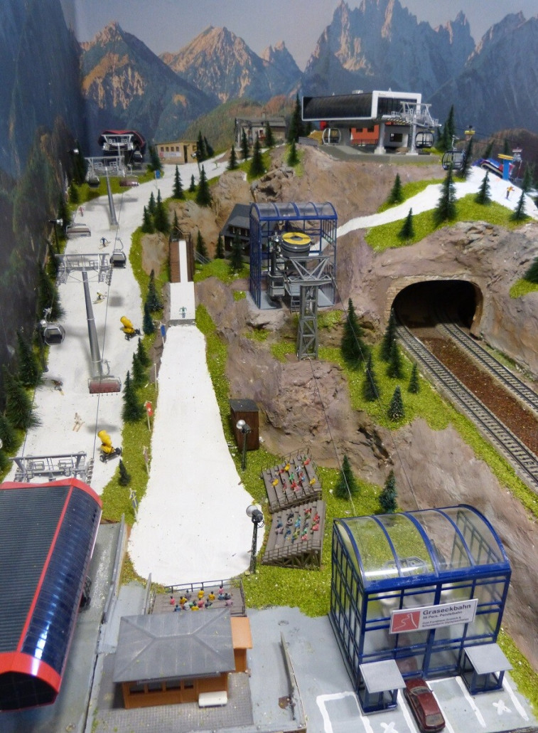 Auch neu ist eine Skiroute vom Hausberg zum Forsthaus Graseck (rechts im Bild). Die Skifahrer die im Forsthaus Graseck was essen wollen können nun mit der Graseckbahn ins Tal fahren (falls sie sich nicht die Schanze runter trauen) um dann mit der Eckbauerbahn wieder zurück in Skigebiet zu gelangen.