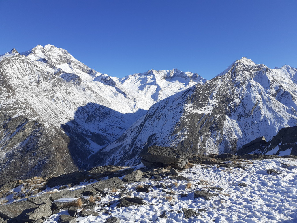 Auf Plattjen (Blick zu v.l. Weissmies 4017m, Portjengrat 3653m, Almagellerhorn 3327m) (28.12.25)