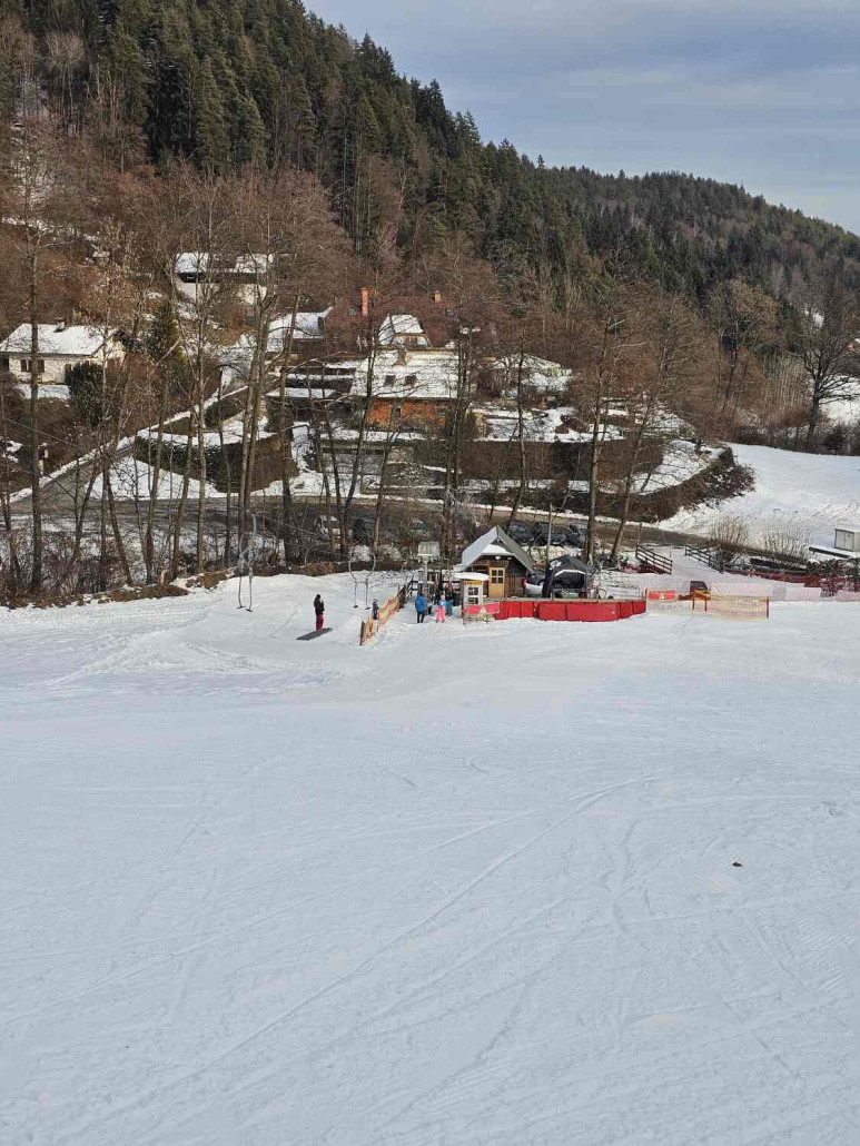 Erneuter Blick zur Talstation. Parkplätze (im Hintergrund), Toilettenanlagen und ein kleines Gasthaus sind ebenfalls vorhanden.
