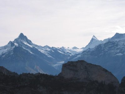 Schreckhorn und Finsteraarhorn (rechts), mit 4274 m der höchste Gipfel der Berner Alpen