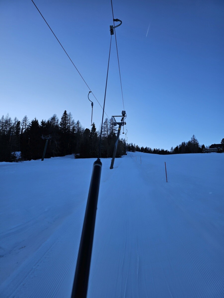Vorletzte Fahrt am Zirbenlift II. Hier hat sich die Sonne schon verabschiedet.