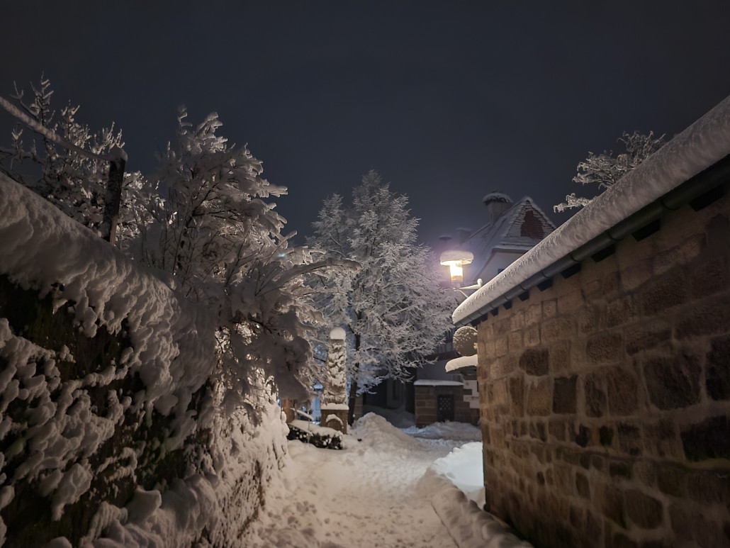 Oben am Dach die Störche im Nest... die werden nächstes Jahr wohl freiwillig in den Süden fliegen.