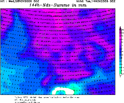 Zeigt die Niederschlagssumme bis Dienstag. :) Schnefallgrenze am Anfang der Kaltfront noch bei ca. 2000Meter aber sinkt dann bis ins Flachland
