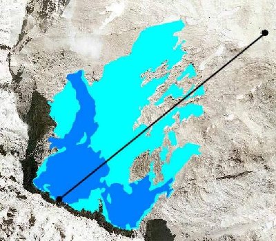 Hellblau: Gletscherfläche 1979<br />Dunkelblau: Gletscherfläche 1999<br />Schwarz: Skilift Wetterwandeck<br /><br />Maßstab 1:6250