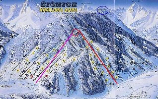 Rot = 4KSB Podkoren (in Bau), im roten Kreis der Pistenabschnitt wo gerade gebaggert wird. Lila = mein Vorschlag der zukünftigen 4KSB Vitranc 1.