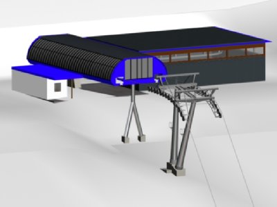hier die Bergstation, die in den Hang hineingebaut ist, weiters hat die Bahn zwei relativ hohe Stützen.