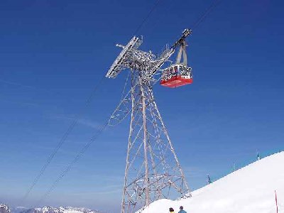 Ältere Von Roll Stütze. Komischerweise von oben aufgehängt. Das Joch besteht aus einem Genieteten Kasten. Komisch hier auch der Ausstieg. Luftseilbahn Trübsee-Stand