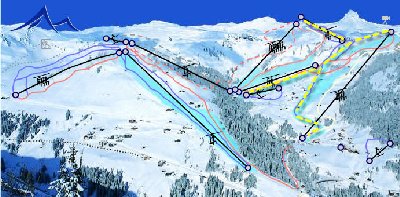 Geöffnete Pisten (gelb strichliert)