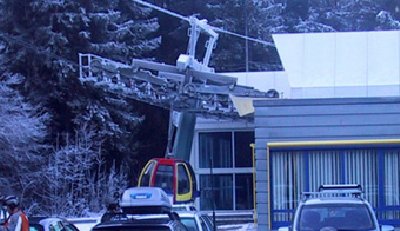 Gondelausfahrt in der Talstation, hier unten ist es im Winter manchmal -15° kalt! Im Dezember, Januar und bis mitte Februar scheint bei der Talstation keine Sonne.