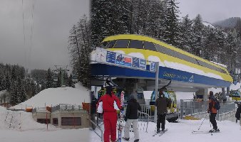 Und schliesslich ganz rechts der Sunliner (kombiniertes Bild).  Seine Talstation (rechts) ist eine Standardkonstruktion vom Typ UNI-G, die nicht in ein Gebäude integriert ist. Die Garage (links) befindet sich deshalb hinter und tiefer als die Station.
