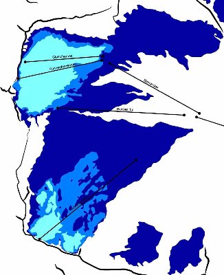 von unten rechts im Uhrzeigersinn, Firnfelder unterhalb der Plattspitzen, Südlicher Schneeferner, Nördlicher Schneeferner, ehem. Östlicher Schneeferner