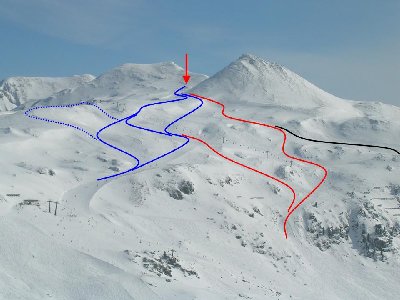 Mögliche neue Pisten (Gestrichelt die nicht mehr erreichbaren Teile der alten Pisten)