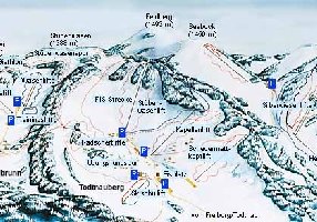 Hier das Geiet Todtnauberg. Es liegt zwischen Muggenbrunn (links) und dem Feldberg (rechts). Von diesen Gebieten sind hier einige Lifte zu sehen. Für die Lifte aller Gebiete gilt ein Skipass. Skigebiet Todtnauberg 1000-1350 m NN.
