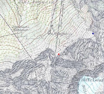 Roter Punkt=Tunnelfenster<br />Blauer Punkt=Schifreaks hütte