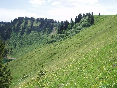 man erkennt schon die Steilheit zum Beginn der schwarzen Abfahrt (Route) hinunter zum Valeppalift