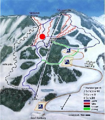 Diese Karte wurde von mir selbst erstellt, so dass sie stimmt. Die Dirn hatte noch nie eine Karte, die absolut Wahrheitsgemäß ist und keine Lügen bzw. Dinge die nicht stimmen eingezeichnet hatte. Nur dort wo der rote Punkt ist stimmen die Pisten nicht gan