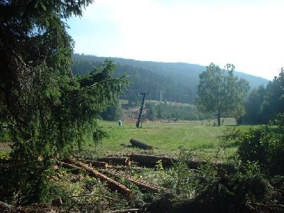Selber Standort in der Lifttrasse, Blick zur Talstation. Vordergrund A-Lift-Stütze.