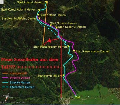 In rot die zweite Planung aus dem Tal mit Verbindung an den Kreuzjochlift
