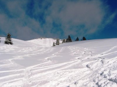 Unsere drei Abfahrtsspuren (ganz rechts) bei der 1. Abfahrt vom Tanzeck