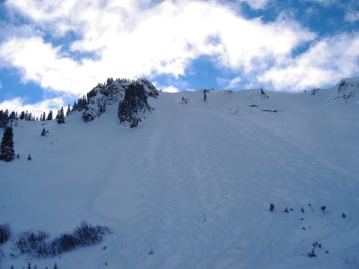 Der Rauhkopf-Nordhang von unten. Ganz klasse, pulvriger, fordernder Nordhang. Sind ganz rechts außen gefahren.