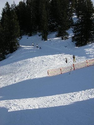 Auslauf des Ziehweges vom Kreuzjoch zur Kreuzalm. Gefährliche Skifahrerkreuzung.