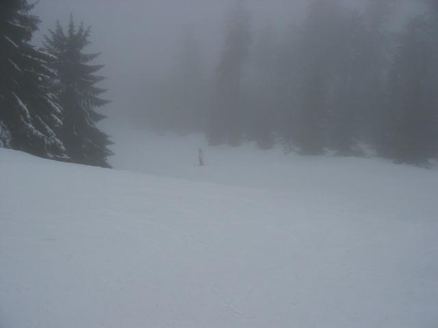 Beginn der Nordabfahrt: Kurzer, steilerer Hang, gefolgt von einem längeren Flachstück, auf dem man aber schön schnell carven kann