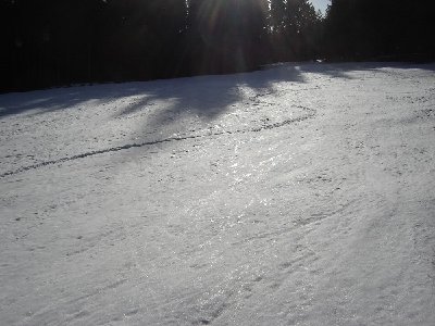 Die angesprochene Spur auf der &amp;quot;geöffneten&amp;quot; Talabfahrt, oben kann man noch die Strasse erahnen...
