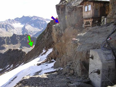 blauer pfeil = wandstütze, grün = gratüberquerung