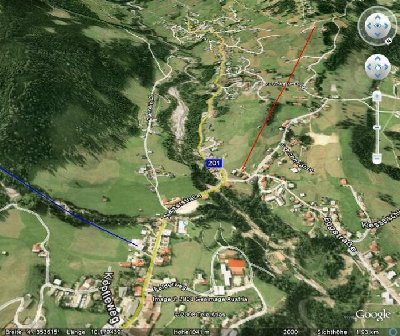 Speicherteich mit Zweiländerbahn(gelb), Zwerenalpbahn(schwarz),Kanzelwandbahn(blau)