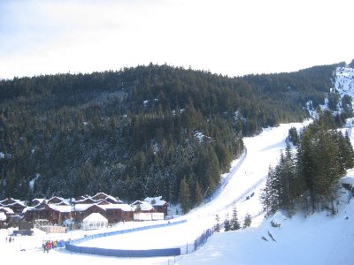 Der Zielbereich der Olympia-Abfahrten ist aus Platzgründen ca. 100 Hm oberhalb der Talstation in Creekside