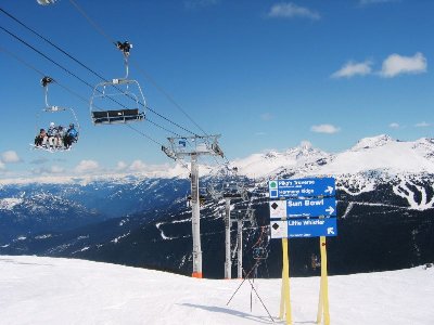 Ausschilderung direkt unterhalb der Bergstation am Little Whistler Peak. Direkt hinter den Schildern stürzt der gleichnamige diamond Hang hinunter...