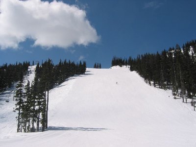 Riesig breiter und toll gewalzter Schlusshang der "G.S." gesehen von der Talstation 4-KSB Harmony Express
