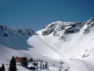 Bergstationen 4-KSB Big Red Express und 3-SB Franz' Chair, darüber "The Saddle" in der Glacier Bowl