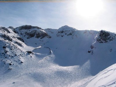 Blick von der Bergstation Jersey Cream auf die Jersey Cream Bowl und ins "Couloir Extreme"