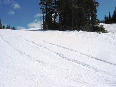 Präparierung an der Talabfahrt "Merlin's" - nicht perfekt, aber eine Ausnahme in Whistler, bei zugegebenermaßen schwierigen Bedingungen (Frost nachts, tagsüber sehr warm hier unten)