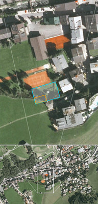 Blau: ungefairer Bauplatz<br />Orange: ungef. Position der beiden Liftschächte