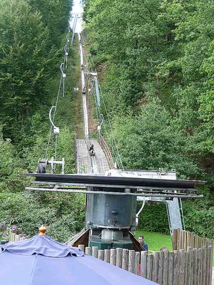 Ein kurzer Blick zu dem Lift, der die Sommerrodler auf den Berg befördert.