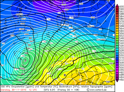 Wetterkarte von Freitag 00 Uhr für Dienstag 12 Uhr, da lag das Tief noch über Frankreich