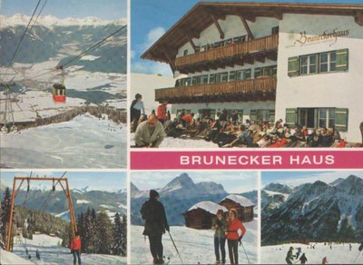 Auf dieser Karte sieht man den alten Alpentellerlift. Er war der Vorgänger der heutigen EUB und der alten DSB. Nebenbei ist noch die zweite Sektion der Kronplatzseilbahn zu sehen und das ehemalige Brunnecker Haus