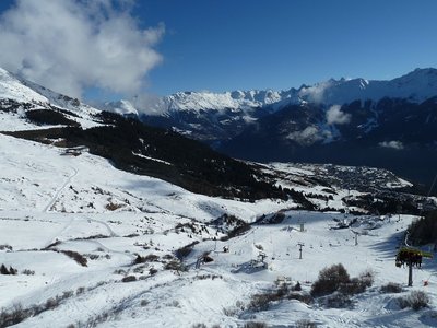 Blick aus der Sattelbahn zurück über die Möseralm nach Fiss