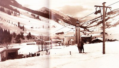 Erster Schlepplift Saalbach 1947 aus Kriegsmaterial der ehem.NS-Heeresversuchsanstalt Mittersill/ Seilbahnen/ den Amis abgeschnorrt von Herrn Hans Dschullnigg jun.